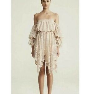 Shona Joy Navy Lace Off the Shoulder Mini Dress with Hankerchief Hem